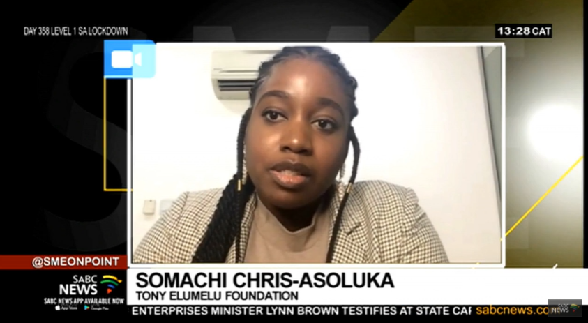 تم بث مباشر من Somachi Chris-Asoluka اليوم على قناة SABC News&#039؛ الجزء، الشركات الصغيرة والمتوسطة #Onpoint مع Liabo Setho.