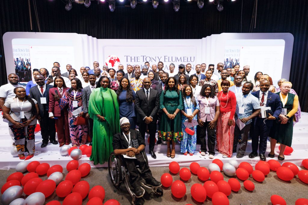 Cohort 2026, TEF Selection Announcement at Abuja. A cross-section of Tony Elumelu Foundation (TEF) Alumni  pictured with (from center-left) Somachi Chris-Asoluka, CEO, Tony Elumelu Foundation; Tony O. Elumelu, CFR, Founder, Tony Elumelu Foundation; and Dr Awele V. Elumelu, OFR, Co-Founder, Tony Elumelu Foundation